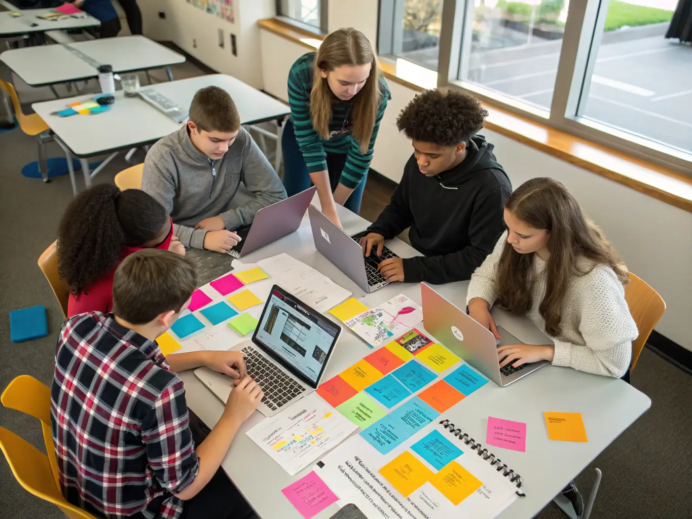 A group of diverse students collaborating on a coding project, using multiple monitors and sharing ideas in a collaborative workspace.