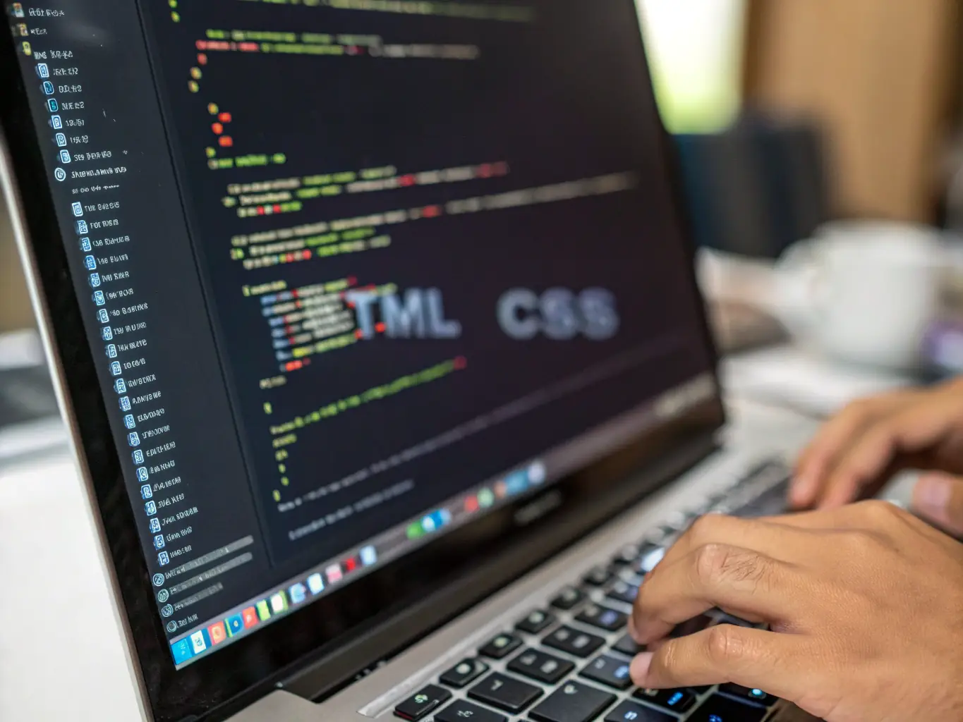 A close-up shot of a computer screen displaying HTML code, with a hand hovering over the keyboard, symbolizing the initial steps in web development.