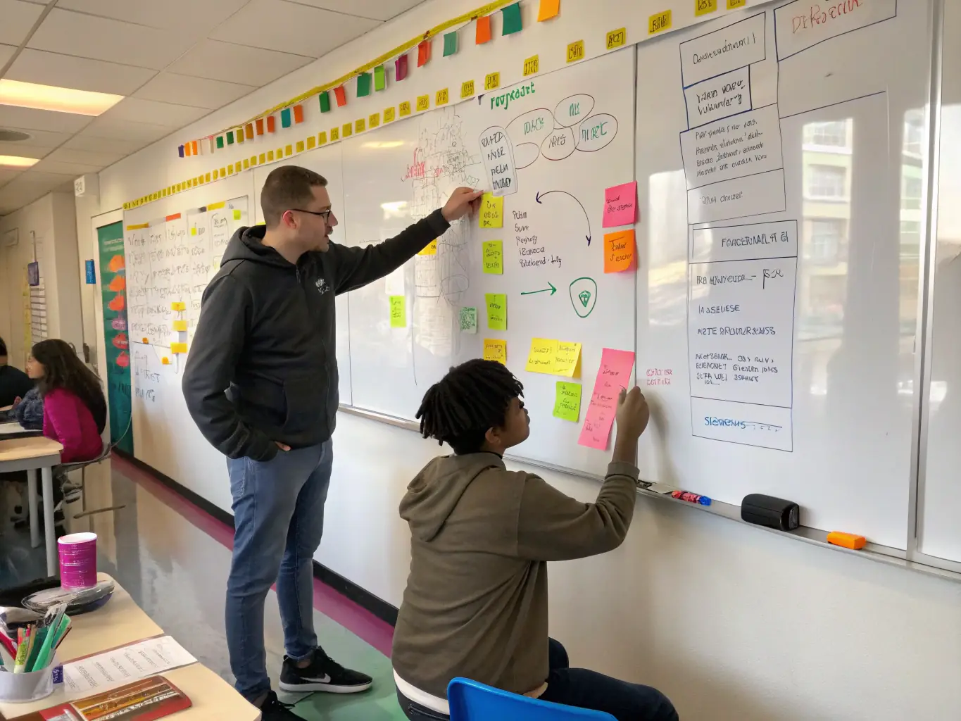 An instructor guiding a student through a coding problem, using a whiteboard to illustrate concepts in a clear and understandable manner.