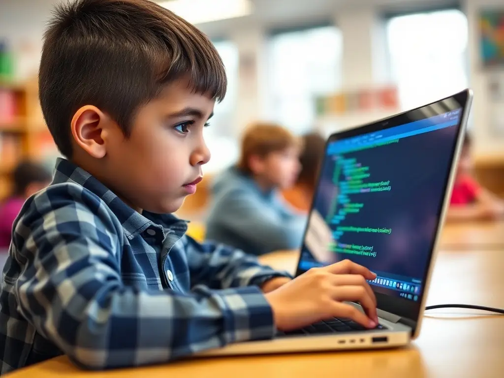 A student enthusiastically coding on a laptop, surrounded by learning materials, in a modern classroom setting. The image should convey a sense of excitement and discovery.