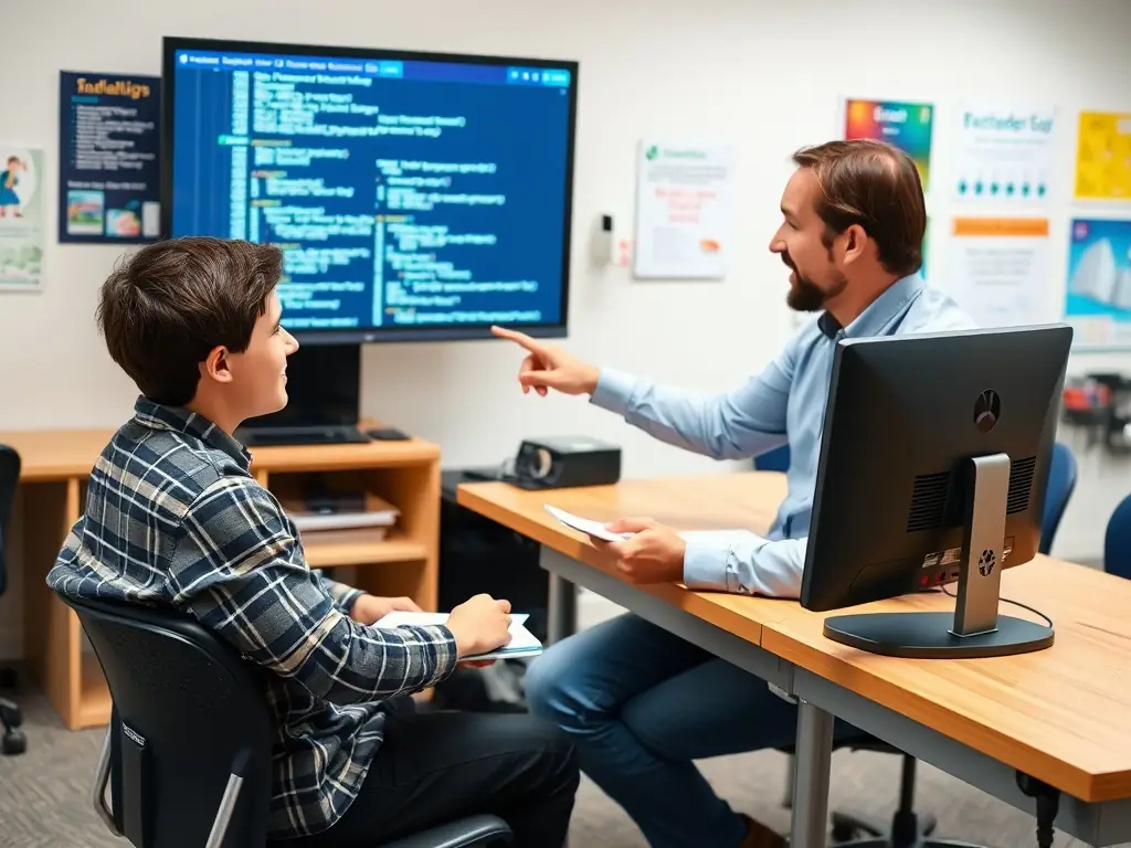 An image of a friendly instructor guiding a student through a coding problem, emphasizing the supportive learning environment provided by mentorio.uno.